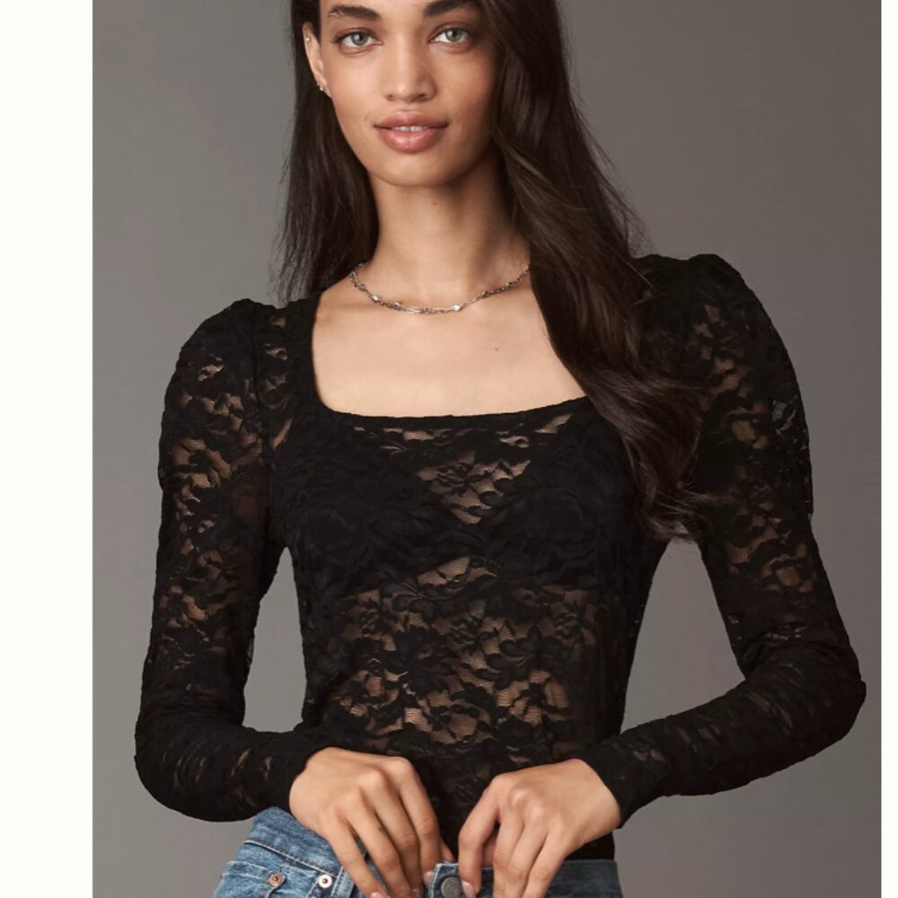NWT Anthropologie Puff-Sleeve Sheer‎ Lace Top Whimsigoth Moody Festival Size S